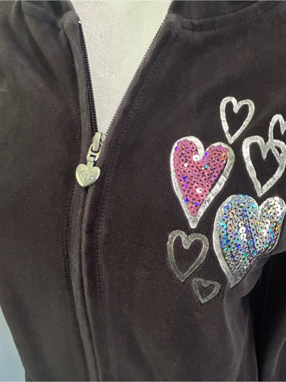 Justice Black Velour Hoodie with Sequin Heart Detail Y2K Sz 18